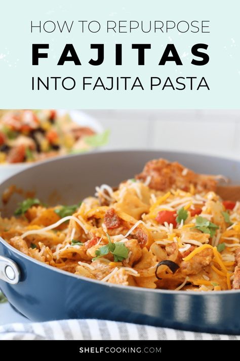 This flavor-packed Chicken Fajita Pasta will tickle your tastebuds without requiring hours of work! It's the perfect shelf cooking recipe to utilize leftovers and other pantry staples that you already have on hand. Recipe Using Leftover Chicken, Leftover Steak Recipes, Shelf Cooking, Fajita Pasta, Fajita Mix, Chicken Fajita Pasta, Leftover Chicken Recipes, Chicken Fajita Recipe, Easy Pasta Dishes