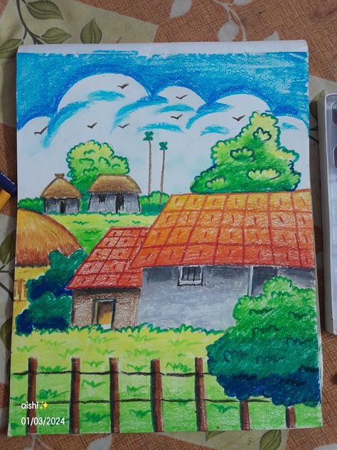 Village scenary Intermediate Drawing, Village Scene Drawing, Scenery Drawing For Kids, Oil Pastel Landscape, Village Scenery, Village Drawing, Hand Art Kids, Composition Drawing, Flamingo Art Print