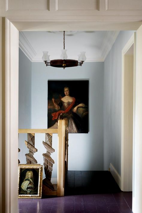 Hallway Colour Ideas, Hallway Colour Schemes, Sky Blue Paint, Max Rollitt, Blue Hallway, English Country House Style, Pale Blue Walls, Hallway Colours, Hallway Design