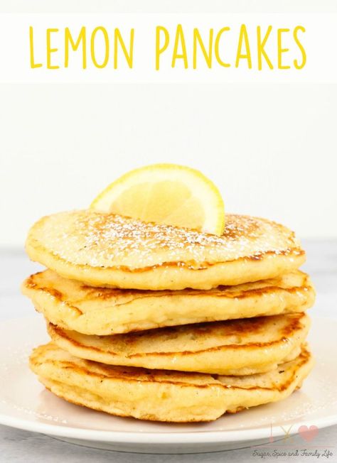 Lemon Pancakes are a delicious and refreshing Spring breakfast. - Lemon Pancakes Recipe on Sugar, Spice and Family Life Lemon Pancakes Recipe, Pancake Recipe For One, Lemon Pancakes, Spring Breakfast, Refreshing Breakfast, Recipe For One, Pancake Recipes, Yum Recipes, Healthier Food