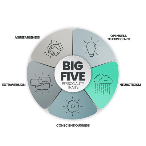 Big Five Personality Traits infographic has 4 types of personality such as Agreeableness, Openness to Experience, Neuroticism, Conscientiousness and Extraversion. Visual slide presentation vector. Mtbi Personalities, Big 5 Personality Traits, Nail Photoshoot Ideas, Nail Photoshoot, 4 Personality Types, Big 5 Personality, Types Of Personality, Test Posters, Big Five Personality Traits