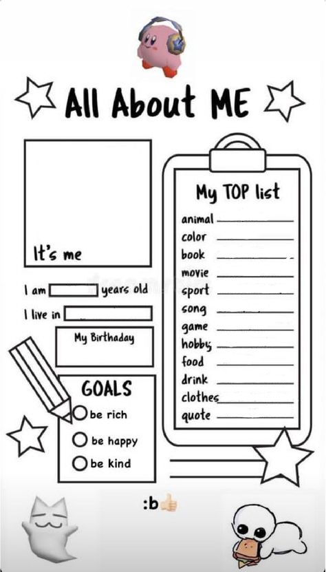 Fill The Jars Template, Character Sheet Writing, All About Me Printable, All About Me Worksheet, Lukisan Comel, About Me Template, Rich Quotes, Character Sheet Template, Bullet Journal Mood Tracker Ideas