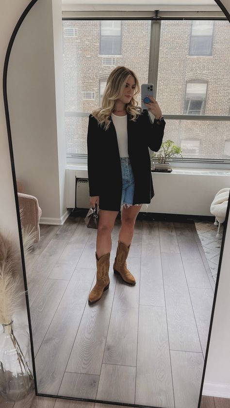 How Our Fashion Editor Is Styling Cowboy Boots for Fall - The Everygirl Cowboy Boots Outfit Women, Styling Cowboy Boots, Cowboy Boots Outfit Fall, Shorts And Cowboy Boots Outfit, Brown Cowboy Boots Outfit, Booties Outfit Fall, Shorts And Cowboy Boots, Oversized Poplin Shirt, Fall Boots Outfit