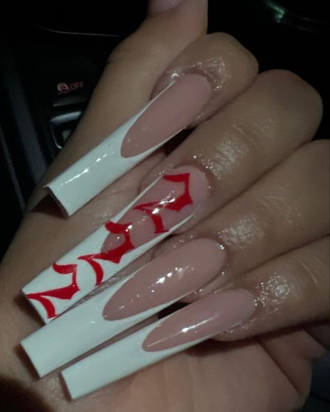 Extra long french Acrylic nails red 222 angel numbers on middle finger Dope Nails Summer, Dope Nails Square, Red Acrylic Nails, Drip Nails, Grunge Nails, French Tip Acrylic Nails, Glow Nails, Nails Square, Long Acrylic Nails Coffin