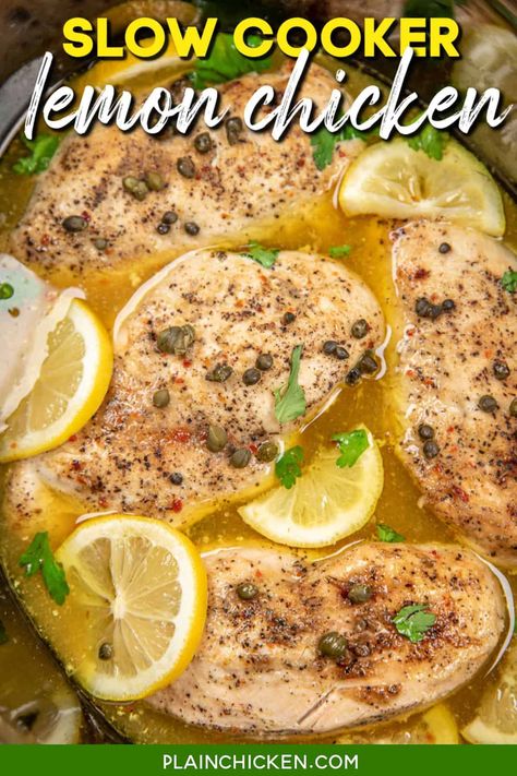 Slow Cooker Lemon Chicken Recipe – a super simple dish that packs TONS of great flavor! Chicken, garlic, lemon, Italian dressing mix, capers, and chicken broth. Serve the chicken over pasta or potatoes with a salad. Don't forget to spoon the sauce in the slow cooker over your plate - SO GOOD! Crockpot Lemon Chicken, Lemon Garlic Chicken Breast, Plain Chicken Recipe, Healthy Lemon Chicken, Slow Cooker Lemon Chicken, Chicken Breast Crockpot Recipes, Chicken Garlic, Chicken Crockpot Recipes Easy, Italian Dressing Mix