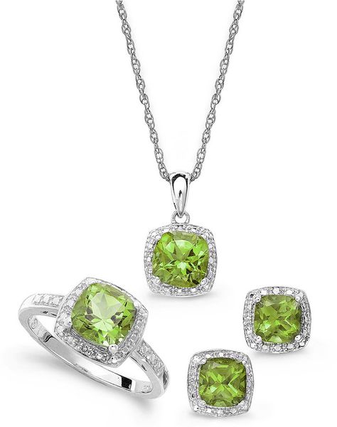 Sterling Silver Jewelry Set, Peridot (4-3/4 ct. t.w.) and Diamond Accent Necklace, Earrings and Ring Set. Very nice. Set Jewelry, Amethyst Earrings Studs, Silver Jewellery Sets, Jewelry Shop Display, Leaf Jewelry, Silver Jewelry Set, Silver Rings With Stones, Peridot Jewelry, Jewelry Logo