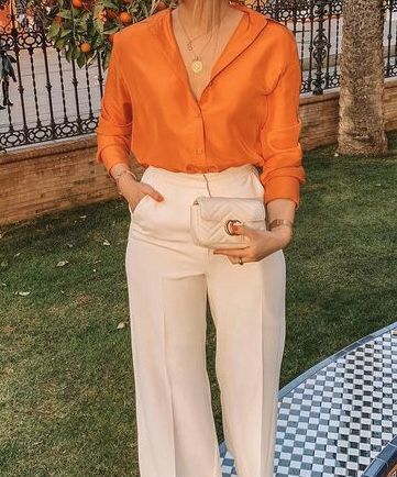 Orange Pants Business Casual, Business Casual Outfits Orange, Orange Polo Outfit Woman, Tan And Orange Outfit, Orange Work Outfit, Orange Business Casual Outfits, Apricot Pants Outfit, Orange Business Outfit, Orange Dress Pants Outfit