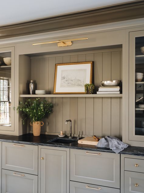 Woodward — Jean Stoffer Design Light Gray Cabinets With Brass Hardware, Jean Stoffer Coffee Bar, Tan Cabinets With Black Countertops, Stoffer Home Kitchen, Basement Cabinets, English Cottage Kitchens, Jean Stoffer Design, Stoffer Home, Tudor Kitchen