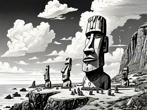 Easter island - yartworld Easter Island Statues Drawing, Statues Drawing, White Pencil Drawing, Drawing Easter, Easter Island Statues, Island Landscape, Easter Island, White Pencil, Creative Outlet