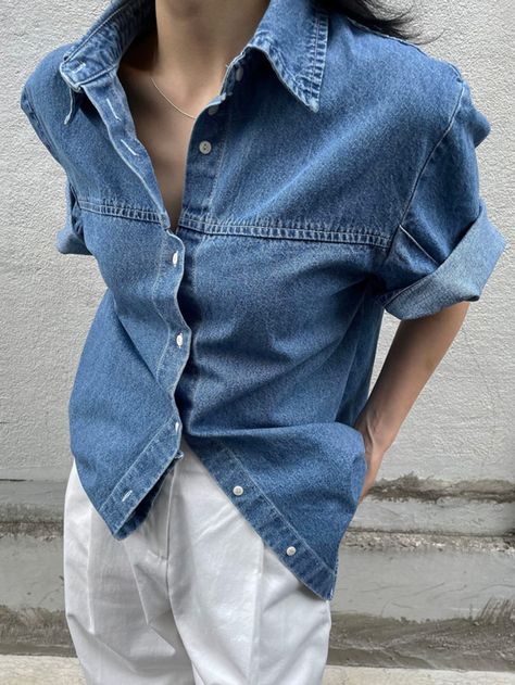 Medium Wash   Half Sleeve Denim Plain Shirt Embellished Non-Stretch  Women Denim Feminine Button Up Shirts, Short Sleeve Denim Shirt Outfit, Denim Blouse Outfit, Short Sleeve Jean Shirt, Denim Blouse Outfits, Short Jacket Outfit, Denim Blouse Women, Denim Shirt Outfit, Short Sleeve Denim Shirt