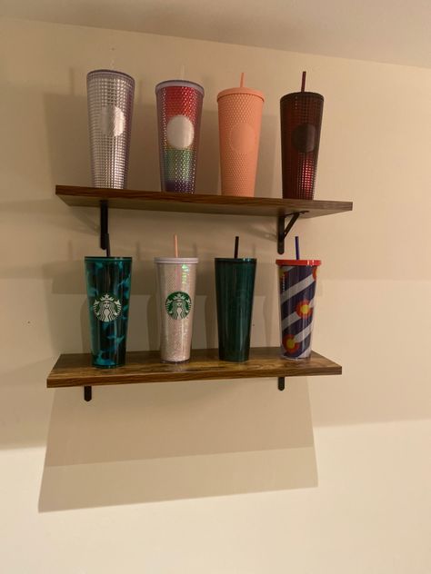 Collecting my tumblers, cups, mugs & more. Needing a space to display them all, equals a Starbucks wall. ( not finished. ) Shelves For Starbucks Cups, Display Starbucks Tumblers, Tumbler Shelf Display, Starbucks Cups Collection Display, Starbucks Collection Display, Starbucks Cup Storage Ideas, Starbucks Cup Display, Starbucks Tumbler Collection Display, Starbucks Cup Organization