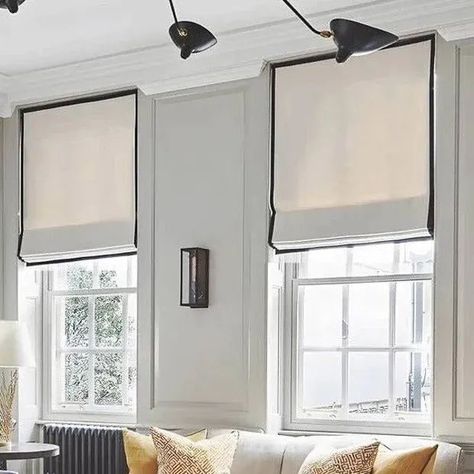 Townhouse Window Treatments, Black And White Roman Shades, Masculine Roman Shades, Roman Shades Pattern, Black And White Stripe Roman Blinds, Black Out Roman Blinds, Roman Shade With Tape Trim, Relaxed Roman Shade With Trim, Flat Roman Shade Inside Mount