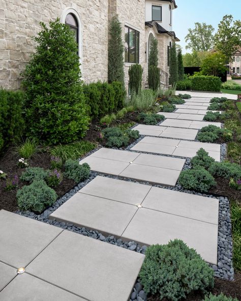 9 beautiful walkway designs to adopt | Techo Bloc Stepping Stone Front Walkway, Front Yard Concrete Walkway Ideas, Side Yard Pavers Pathways, Stone And Paver Walkway, Modern Paver Walkways To Front Door, Front Yard Pavers Walkway, Paved Walkway Ideas, Paver Walkways To Front Door, Front Yard Walkway Ideas Entrance