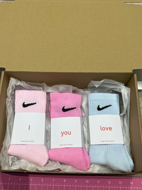 valentines Nike crew socks box. gift. Brand new Nike crew socks hand dyed Size 2-4 5-8 and 8-11 uk sizes in box with labels pink blue baby pink Nike Crew Socks, Trendy Socks, Cute Nike Outfits, Nike Socks, Purple Baby, Sock Packs, Christmas Gift Sets, Cute Nikes, 3rd Baby