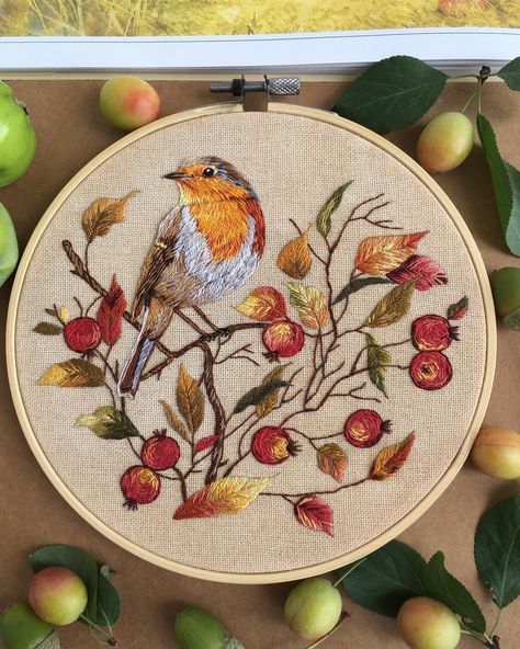 Robin Embroidery, Haft Vintage, Bird Embroidery Pattern, Embroider Ideas, Textile Art Embroidery, Robin Bird, Handmade Embroidery Designs, Hand Embroidery Projects, Bird Embroidery