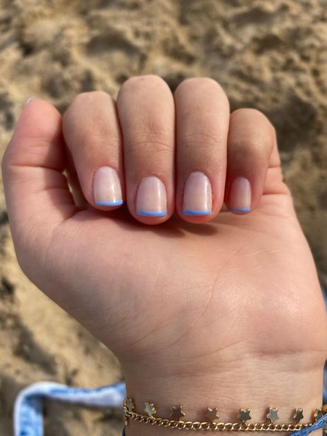 Milky blue french tips | short gel nails Short Blue French Tips, Nails With Light Blue, Light Blue French Tip, Blue French Tip, Short French Tip Nails, Blue French Tips, Short Gel Nails, White French Tip, Nails 2022