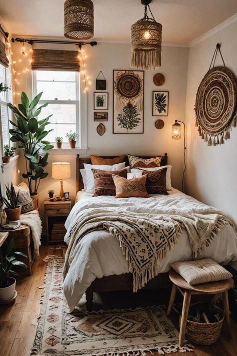 Small Room Boho Decor, Small Cozy Bedroom Aesthetic, Small Boho Room, Bohemian Small Bedroom, Cozy Bed Decor, Tiny Boho Bedroom, Get Ready Room Ideas, Boho Cozy Bedroom, Boho Small Bedroom