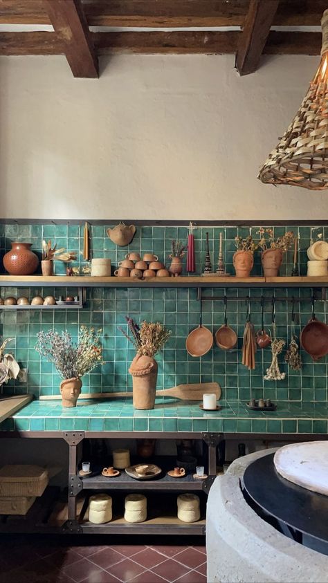 Colorful Breakfast, Spanish Kitchen, Teal Kitchen, Hotel Kitchen, Green Kitchen, Kitchen Tiles, Dream House Decor, Rustic Kitchen, Dream Home Design