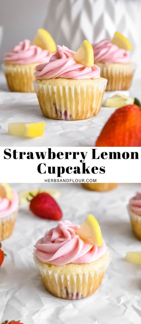 Strawberry Cupcakes With Lemon Frosting, Lemon Birthday Cupcakes, Lemon And Strawberry Cupcakes, Strawberry Lemon Cupcakes Easy, Lemon Berry Cupcakes, Fruity Birthday Desserts, Strawberry Lemon Desserts Easy, Strawberry And Lemon Desserts, Lemon Strawberry Cupcakes