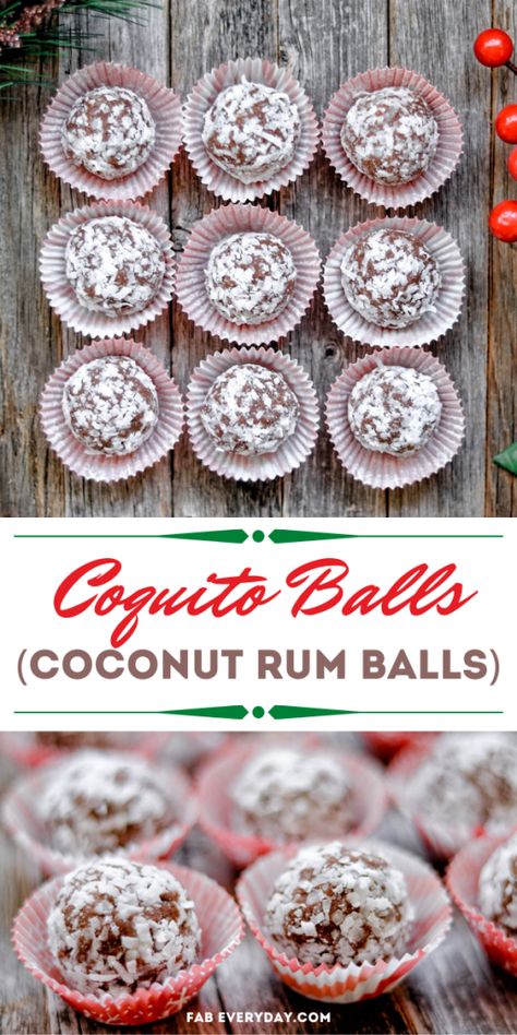 Christmas Coconut Balls, Coconut Rum Balls Recipe, Coquito Cookies Recipe, Boozie Cookies, Coquito Gift Idea, Coquito Desserts, Coquito Cookies, Boozy Balls, Coconut Rum Balls