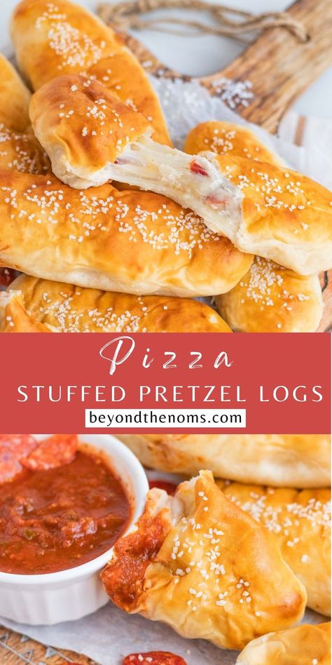 Buttery Amish style soft pretzel logs stuffed with pepperoni and mozzarella cheese. The perfect breakfast or snack anytime of the day! Amish Pretzel Recipe, Pepperoni Rolls Recipe, Homemade Pretzels Recipe, Stuffed Pretzels, Pepperoni And Mozzarella, Pizza Bread Recipe, Amish Style, Bread Pull Apart Recipes, Soft Pretzel Recipe