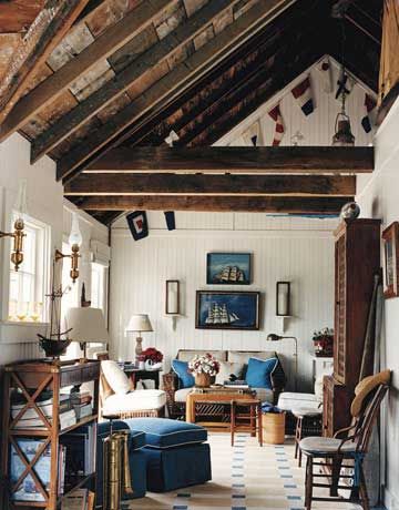 boathouse living room - a little too rustic for my taste, but still love the open rafters and vaulted ceiling Nautical Home Decorating, Fishermans Cottage, Nautical Living Room, Exposed Rafters, Summer Cabin, Coastal Living Rooms, Beach Cottage Decor, Beach Cottage Style, Nautical Home