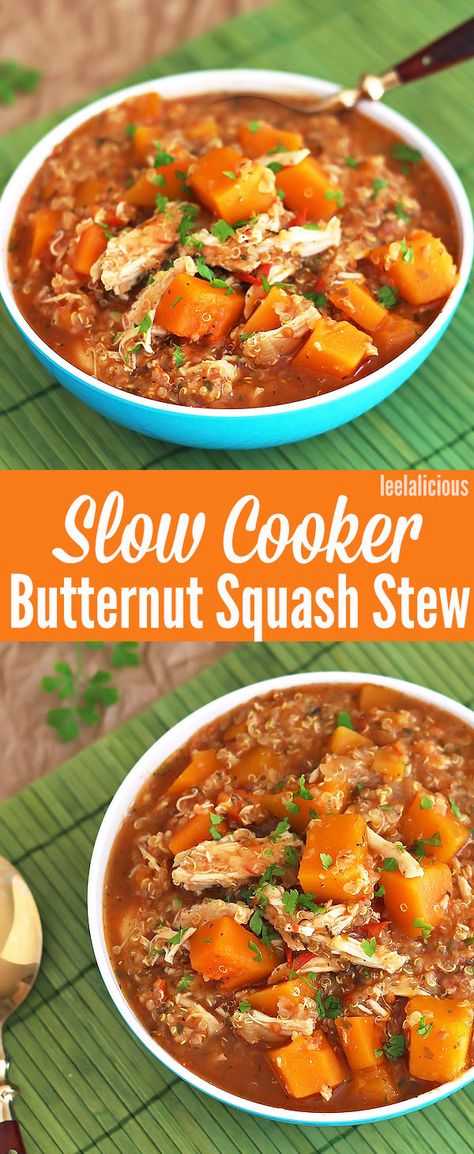 Slow Cooker Butternut Squash Chicken Quinoa Stew - This hearty, healthy stew is… Cheap Lunches, Butternut Squash Chicken, Quinoa Stew, Slow Cooker Butternut Squash, Squash Stew, Butternut Squash Stew, Healthy Stew, Stew Crockpot, Chicken And Butternut Squash