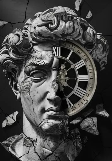 ↑↑↑ Larger size on website 🔸 The image shows a broken statue of a man's face with a clock face embedded in the side of it. The st 🔸 From Midjourney AI Image Broken Statue Face, Half Skeleton Face, Dark Art Nouveau, Broken Clock, Statue Head, Pocket Watch Tattoos, Skeleton Face, Roman Statue, Greek Statues