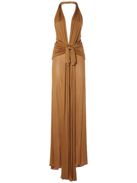 Find Blumarine Draped Viscose Long Halter Dress on Editorialist. Halter neck. Concealed back zip closure. V-neck. Front knot detail. Open back. Model is wearing a size38 Knot Front Dress, Long Halter Dress, Fantasy Gowns, Sport Dress, Shearling Jacket, Wedding Guest Outfit, Halter Neck, Party Outfit, Chic Outfits