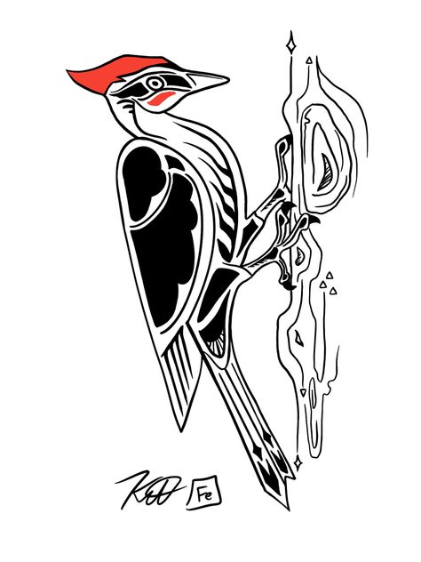 A black and white digital illustration of a pileated woodpecker Native American Woodpecker, Pileated Woodpecker Tattoo, Woodpecker Tattoo, Native Drawings, Soft Tattoo, Jerry Tattoo, Native Beading, Illustration Inspiration, Heavy Equipment