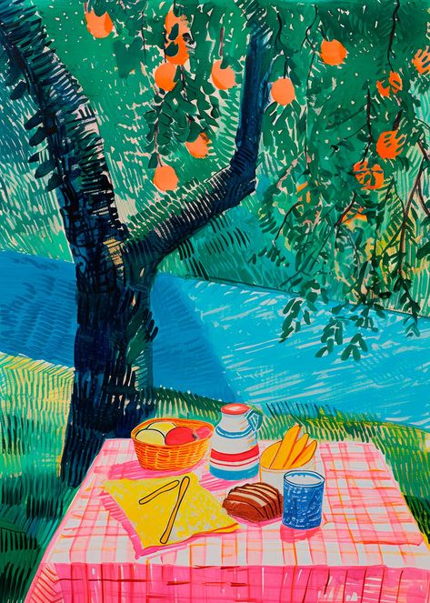 A brightly colored art poster featuring an outdoor summer picnic scene with a blue and green backdrop of trees and grass, a pink patterned picnic tablecloth, and a spread of fruits, bread, and beverages. Dining Illustration, Picnic Poster, Lukisan Van Gogh, Picnic Art, Summer Illustration, Colorful Illustration, Creative Photography Techniques, Fruit Illustration, Al Fresco Dining