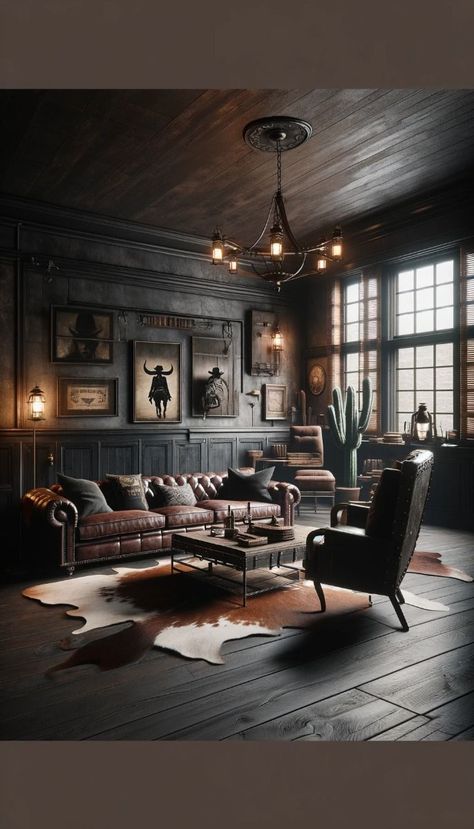 Western Dark and Moody Living Room Vintage Moody Aesthetic, Western Gothic Interior Design, Dark Western Aesthetic, Gothic Western Aesthetic, Mountain Bungalow, Dark Ceilings, Western Style Living Room, Moody Western, Dark And Moody Living Room