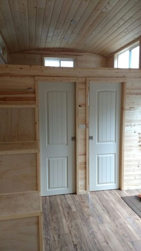 One of a kind Tiny House (THOW) for sale by owner, $39,900, Ground Floor Bedroom + Loft, 270sq ft Bus Transformation, 12x24 Tiny House, Ground Floor Bedroom, Bedroom Upstairs, Green Bedroom Design, Tiny Loft, Tiny House Bedroom, Diy Tiny House, Shed To Tiny House