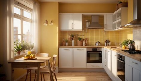 Small Kitchen? Try These 9 Amazing Paint Colors! Yellow Walls Kitchen Ideas, White Kitchen Yellow Walls, Kitchens With Yellow Walls, Mustard Kitchen Walls, Kitchen With Yellow Walls, Yellow Walls Kitchen, Kitchen Accent Wall Color, Small Kitchen Paint Colors, Small Yellow Kitchen