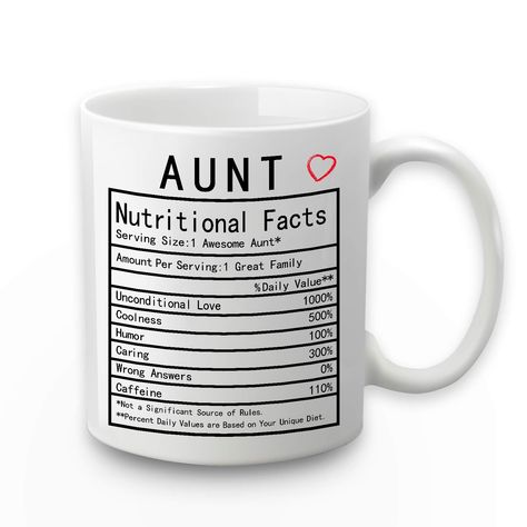 PRICES MAY VARY. BEST GIFTS FOR AUNT: Our aunt nutritional facts mug is specially designed for aunt, whether it’s a gift for aunt on birthday mother’s day anniversary or daily use, it is the best choice to express your love. EXQUISITE GIFT PACKAGING: Amazing gift ready packaging perfect for every occasion, you don’t need to buy any gift packaging, you can directly give this exquisite gift to the person you want to give. ERGONOMIC DESIGN: The aunt nutritional facts coffee mug has ergonomically de Gift Ideas For Aunt, Text Humor, Gifts For Aunts, All About Me Printable, Birthday Care Packages, Bored Jar, Mother's Day Craft, Aquarius Life, Birthday Mother