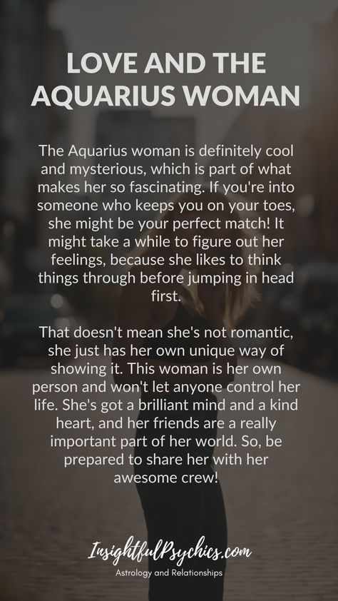 Aquarius women are mysterious and keep you guessing. They are smart, independent, and see love without getting too emotional. She values her friends, so don't ever think you come first! Hashtags: #aquarius #love #zodiac #airsign #independent #aquariuswoman #aquariuswomen Scorpio Man Aquarius Woman Relationships, Aquarius As A Girlfriend, Aquarius Personality Traits Women, Aquarius Relationship Facts, Things Aquarius Love, Aquarius Man And Aquarius Woman, Aquarius Woman Personality, Aquarius Facts Women, Aquarius Zodiac Facts