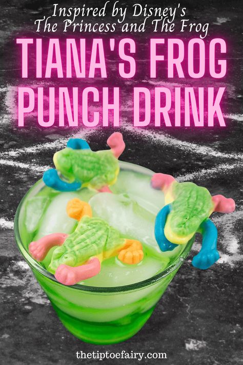 Kid Mocktail, Disney Themed Drinks, Princess Drinks, Frog Food, Disney Movie Night Food, Disney Cocktails, Punch Drink, Disney Movie Night Dinner, Disney Menus