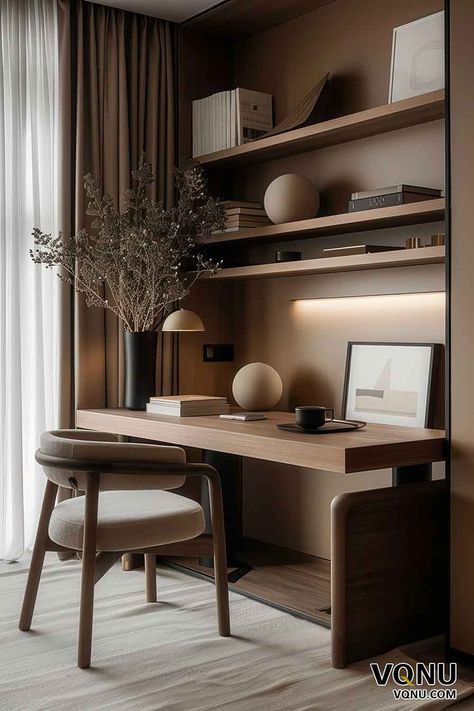 Modern Minimalist Home Office with Warm Tones His And Her Home Office Ideas, Working Area In Living Room, Office Room Two Desks, Home Office Minimalist Workspace, Blue And Wood Combination, At Home Office Inspiration, In Bedroom Office, Home Study Inspiration, Doctor Home Office