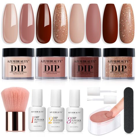 PRICES MAY VARY. 🎁【What U Get】 AZUREBEAUTY 12 PCS gentle all-in-1 dip powder nail starter kit—4*10g color powder( nude brown, skin tone, burgundy and light brown glitter), 3*10ml liquid set(base coat/activator/topcoat), 2*liquid brush replacement, 1*nail brush,1*nail file, 1*dip powder recycling system. ⏱【Superior Quality & Long Lasting】AZUREBEAUTY dip powder nail kit is long-lasting and anti-chipping, anti-peel off. The color is full and natural-looking, light, and has an impeccable shine fini Azurebeauty Dip Powder, Winter Skin Tone, Dip Manicure, Glitter Champagne, Salon Gifts, Manicure Diy, French Nail Art, Nail Powder, Led Nail Lamp