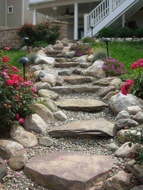 7 Alluring Paths for Slopes - Page 4 of 8 - Bless My Weeds Maine Garden, Garden Pathways, Backyard Walkway, Walkway Landscaping, Sloped Yard, Rock Walls, Walkways Paths, Sloped Backyard, Garden Stairs