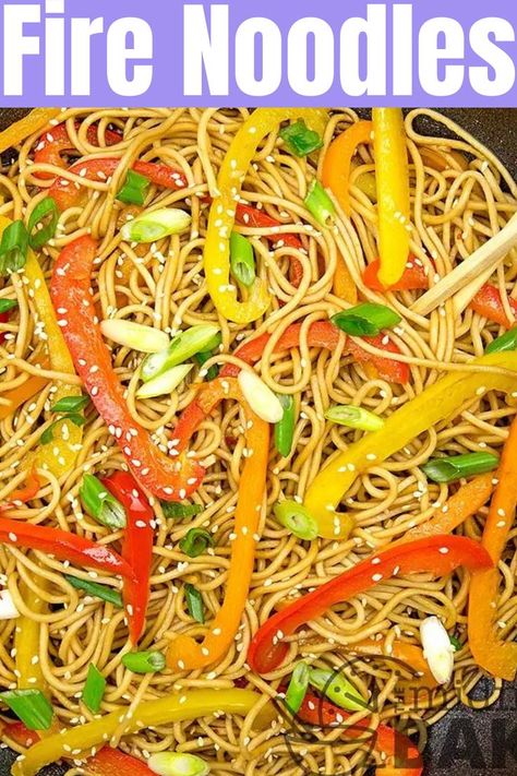 Make a one skillet of Fire noodles with bell peppers and egg noodles. Easy weeknight dinner recipe made in one pan Fire Noodles Recipe, Pepper Noodles, Fire Noodles, Spicy Pasta Recipes, Spicy Pasta, Eggs In Peppers, Bell Pepper Recipes, Meatless Main Dishes, Veggie Noodles