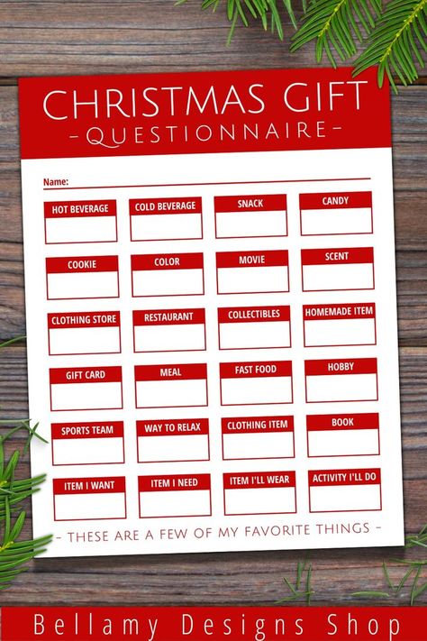 Secret Santa Questionnaire For Family, Christmas Gift Questionnaire, Gift Exchange List, Christmas Wish List Printable, Easy Gift Baskets, Wish List Printable, Secret Santa Questionnaire, Christmas Gift Games, Family Holiday Gifts