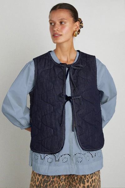 Gilets | Leopard, Denim & Quilted Waistcoats | Damson Madder Denim Vest Outfit, Crochet Hair Bows, Damson Madder, Denim Colour, Quilted Gilet, Canvas Makeup Bag, Print Denim, Indigo Denim, Quilted Fabric