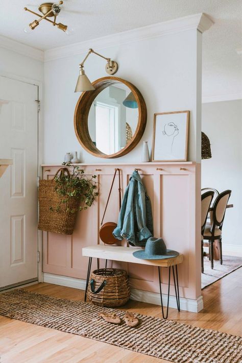 Diy Blush, Hall Ways Ideas, Small Hallway Ideas, Apartment Entryway, Board And Batten Wall, Small Entryways, Hallway Ideas Entrance Interior Design, Small Entryway, Small Hallways