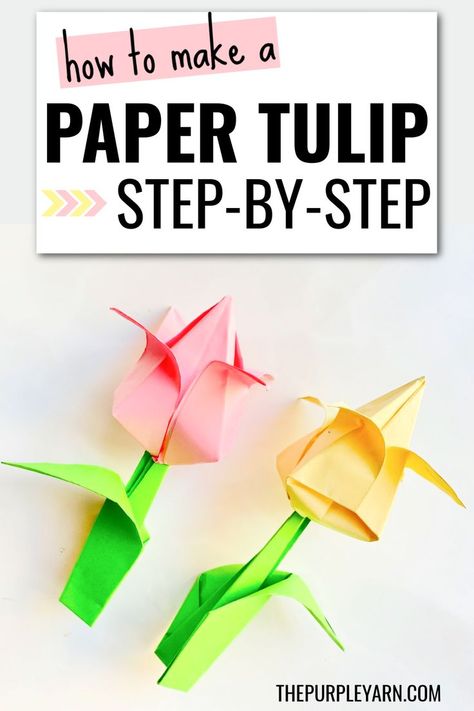 Step-by-step tutorial to make an easy paper tulip for kids and beginners. Learn how to fold an Origami tulip with stem and leaf. Origami Star Instructions, Flower Crafts Preschool, Tulip Origami, Easy Origami Flower, Easy Origami For Kids, Origami Step By Step, Kids Origami, Origami For Beginners, Origami Rose