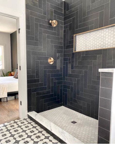 Shower Finish Ideas, Gray And Gold Master Bath, Black Herringbone Tile, Tahoe House, Black Tile Bathrooms, Black And White Tile, Master Shower, Bathroom Redesign, Master Bath Remodel