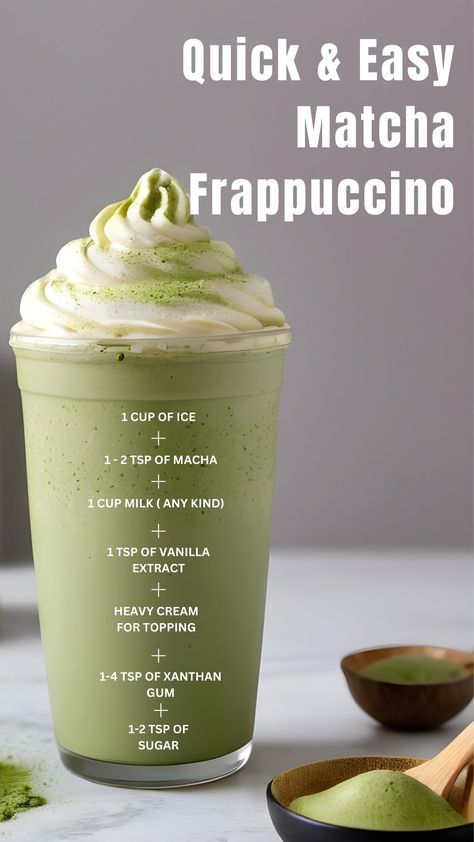 How To Make A Matcha Frappuccino, Sweet Matcha Recipes, Green Matcha Recipes, Green Tea Drinks At Starbucks, Good Matcha Recipes, Protein Frappuccino Recipe, Home Made Frappuccino, Green Tea Drink Recipes, How To Make A Matcha Latte At Home