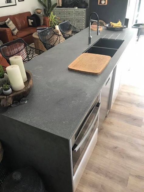 Rugged concrete - Caesarstone Rugged Concrete Quartz Countertops, Rugged Concrete Caesarstone, Concrete Benchtop Kitchen, Caesarstone Rugged Concrete, Caesarstone Concrete, Symphony Kitchen, Grey Kitchen Designs, Condo Kitchen, Concrete Kitchen