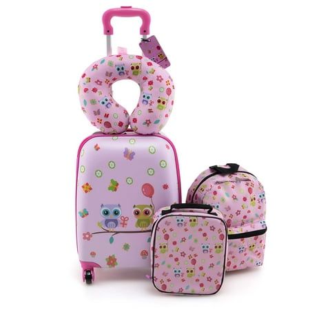 Travel smart with our kids luggage set! The 5 piece kids luggage set includes a suitcase, backpack, lunch bag, neck pillow, and a name card to fulfill your kids travel needs. The suitcase and backpack in our set provide ample space to accommodate all your child's essentials, such as clothes, toys, snacks, books and bottles. Equipped with 4 universal casters and a telescopic handle, kids can maneuver their luggage effortlessly. And the handle is 3-level adjustable to accompany the growth of kids. Besides, the included lunch bag with excellent thermal insulation keeps meals fresh. And it comes with an interior waterproof film to keep your child's meals safe from spills and leaks. Crafted from polyester fabric, the backpack and lunch bag are highly wear-resistant and built to last. Meanwhile, Toddler Luggage, Luggage For Kids, Kids Luggage Sets, Pink Lunch Bag, Travel Luggage Set, Suitcase Sizes, Travel Smart, Suitcase Backpack, Clothes Toys