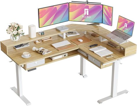 FEZIBO 63" L Shaped Standing Desk with LED Strip, Electric Triple Motor Sit Stand up Corner Desk Height Adjustable with Monitor Stand & Shelves, 2 Drawers, Ergonomic Home Office Desk, Natural L Shaped Standing Desk, Corner Standing Desk, Ergonomic Home Office, Cozy Home Office, Desk Height, Stand Up Desk, Monitor Stand, L Shaped Desk, Adjustable Desk